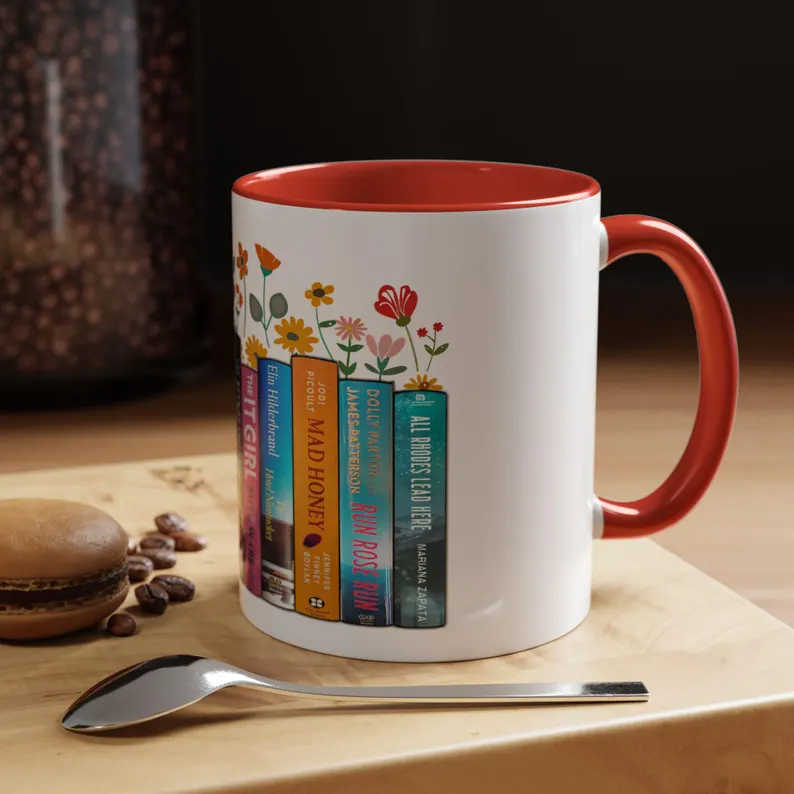 Floral Custom 12 Book Spine Mug, Customize Mug, Dishwasher and Microwave Safe, Gift for Book Lovers, 12 Books Custom Mugs, 11oz Ceramic Mug