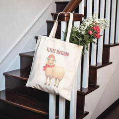 Funny Christmas Tote Bag w/Sheep & Fleece Navidad Wordplay Makes Great Gift, Gift Bag, or Giveaway; Cute Christmas Tote; Holiday Canvas Bag