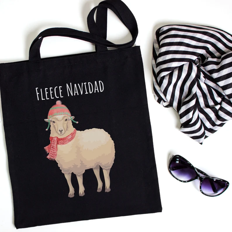 Funny Christmas Tote Bag w/Sheep & Fleece Navidad Wordplay Makes Great Gift, Gift Bag, or Giveaway; Cute Christmas Tote; Holiday Canvas Bag