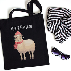 Funny Christmas Tote Bag w/Sheep & Fleece Navidad Wordplay Makes Great Gift, Gift Bag, or Giveaway; Cute Christmas Tote; Holiday Canvas Bag
