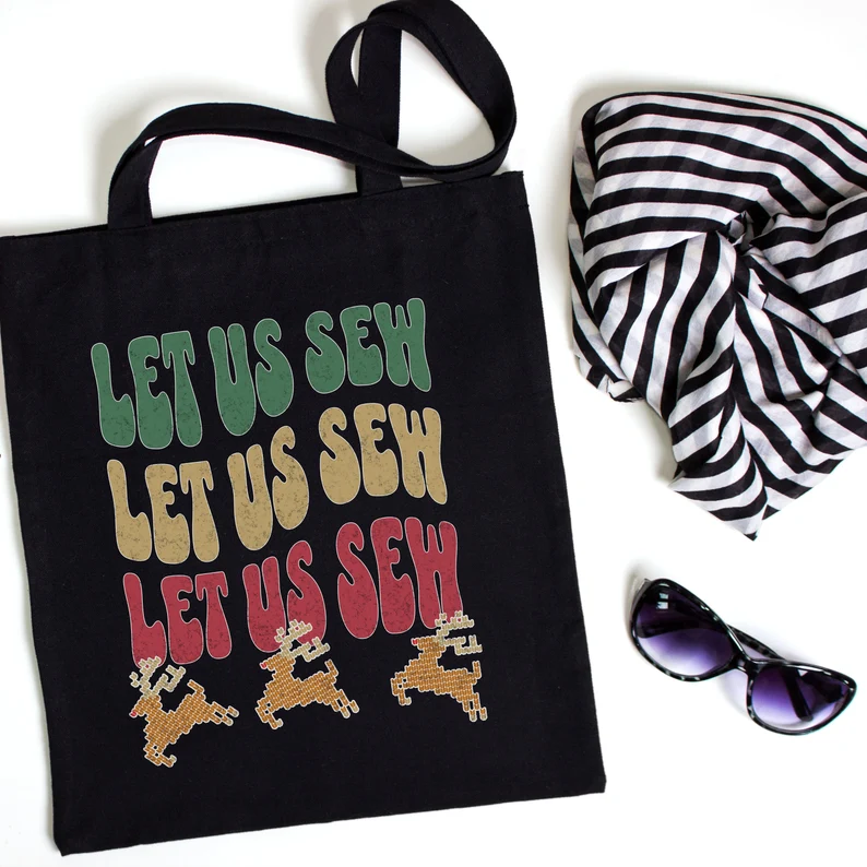 Christmas Tote Bag Makes Great Gift for Sewers or Quilters; Holiday Canvas Tote Celebrates Sewing, Quilting, and Fabric Crafts